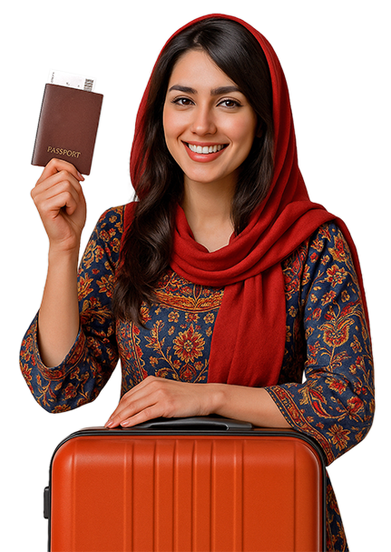 Pardisan Girl in Persian costume inviting international travelers to IRAN